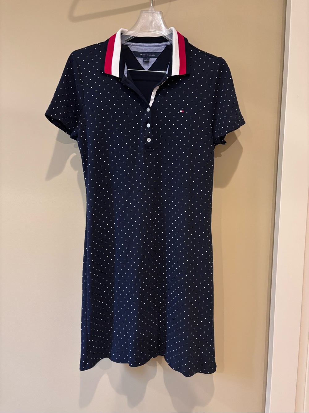 Tommy Hilfiger Navy Polka Dot Polo Dress with Red-Trim Collar